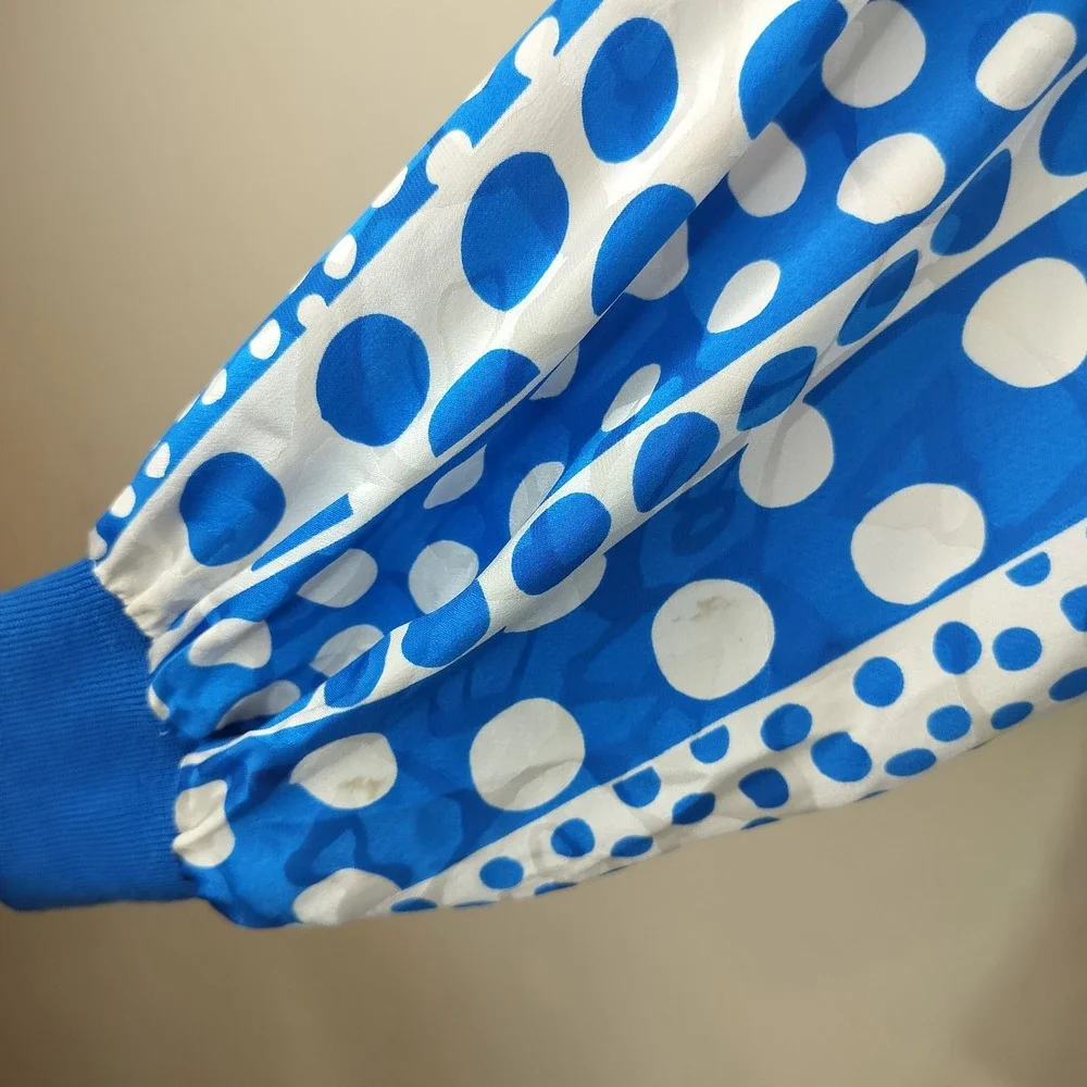 Vintage Polka Dot Silk Cardigan 16 Womens Balloon Sleeve Ribbed Cuff Blue Bold